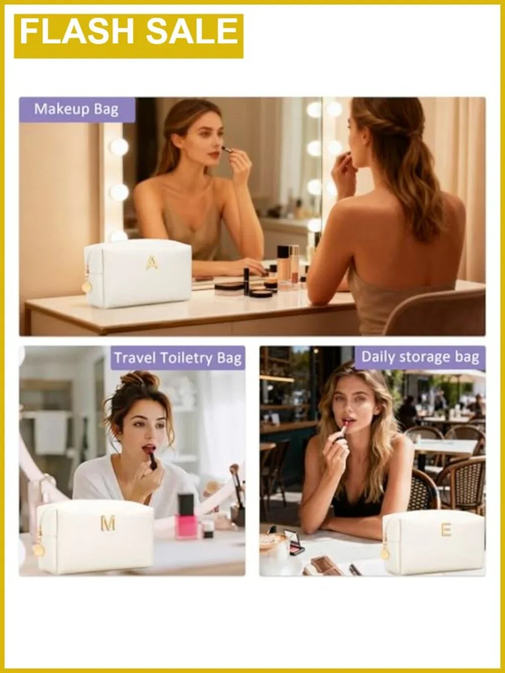 Personalized Initial PU Leather Cosmetic Bag Travel Toiletry Makeup Pouch